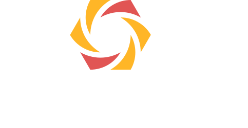 Solsäkers logotyp innehållandes en sol med fyra gula och två röda solstrålar ovanför namnet Solsäker.